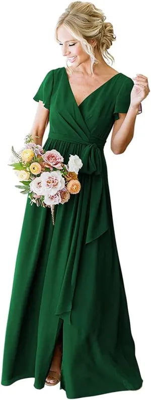 V Neck Short Sleeve Emerald Green Bridesmaid Dress with Slit A Line Long Ruched Chiffon Formal Evening Gowns Size 8