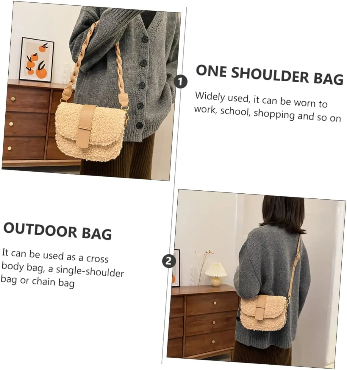 VALICLUD Ladies Bag Sherpa Crossbody Bags for Women White Shoulder Bag White Crossbody Bags for Women Woman Plush