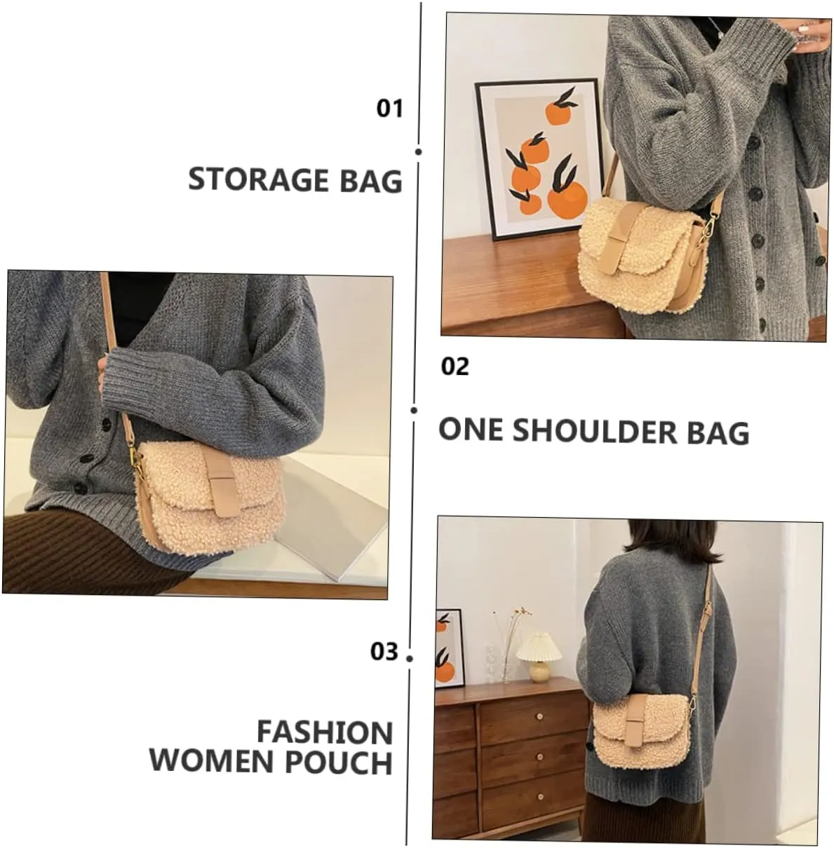 VALICLUD Ladies Bag Sherpa Crossbody Bags for Women White Shoulder Bag White Crossbody Bags for Women Woman Plush