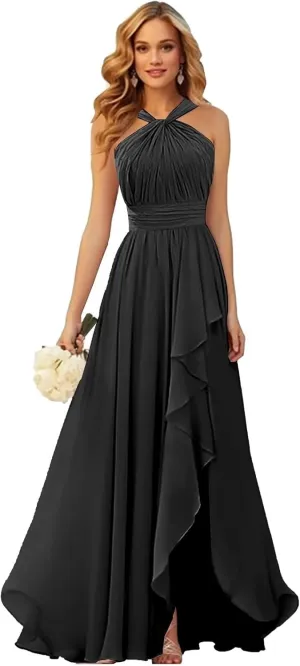 VCCICANY Halter Bridesmaid Dresses for Women Chiffon Ruffle Ruched Long Formal Dress with Slit