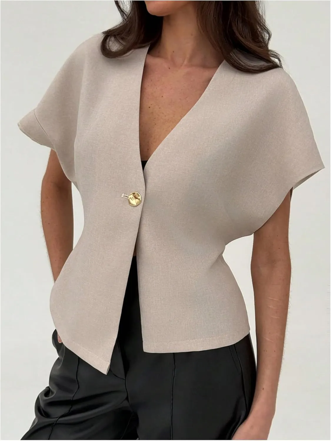 Verdusa Women's Dolman Short Sleeve Blazer V Neck Button Front Work Business Jackets