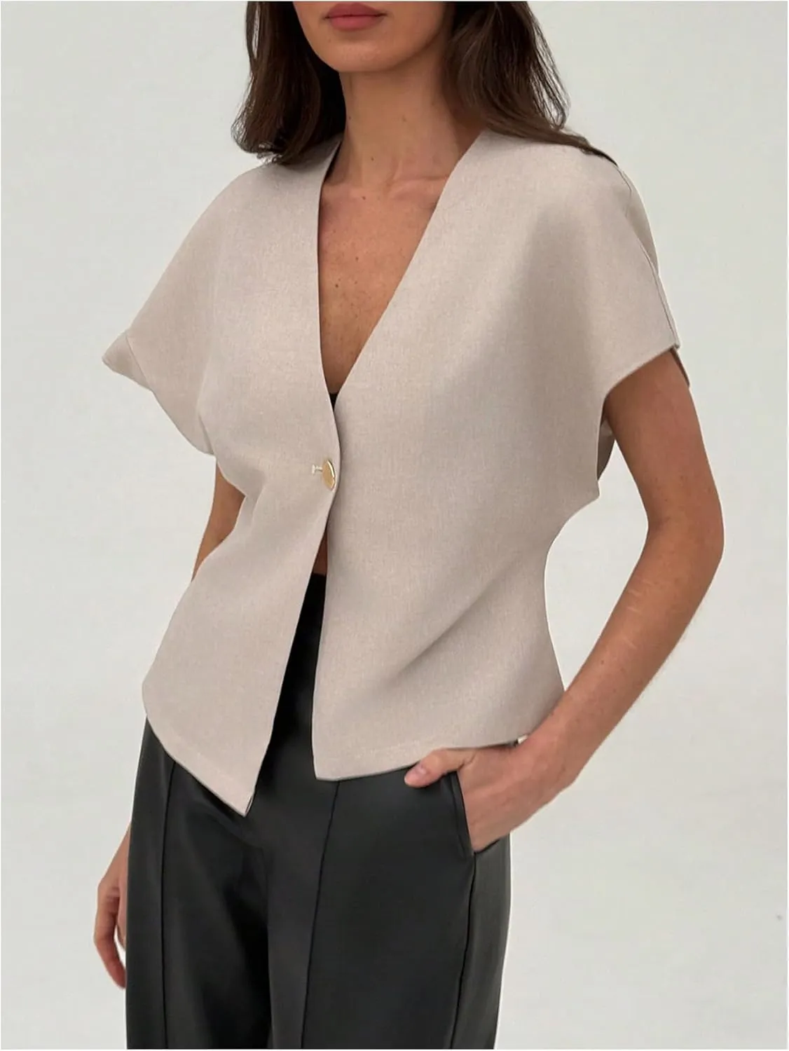 Verdusa Women's Dolman Short Sleeve Blazer V Neck Button Front Work Business Jackets