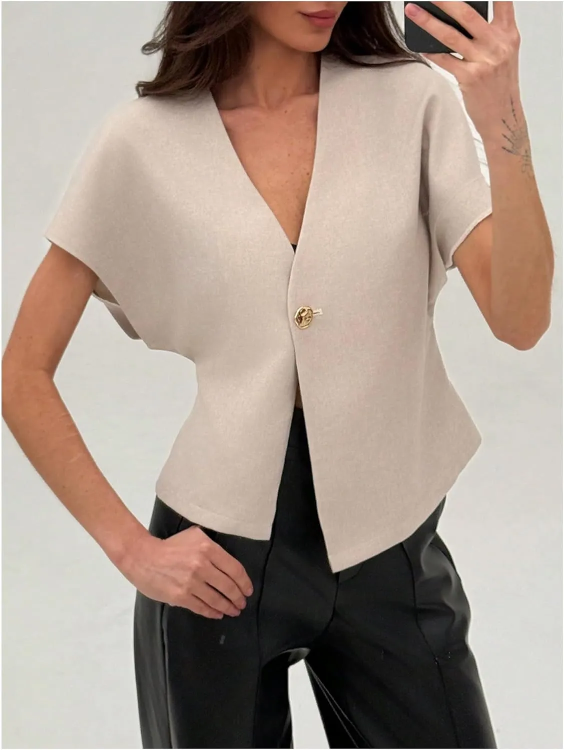 Verdusa Women's Dolman Short Sleeve Blazer V Neck Button Front Work Business Jackets