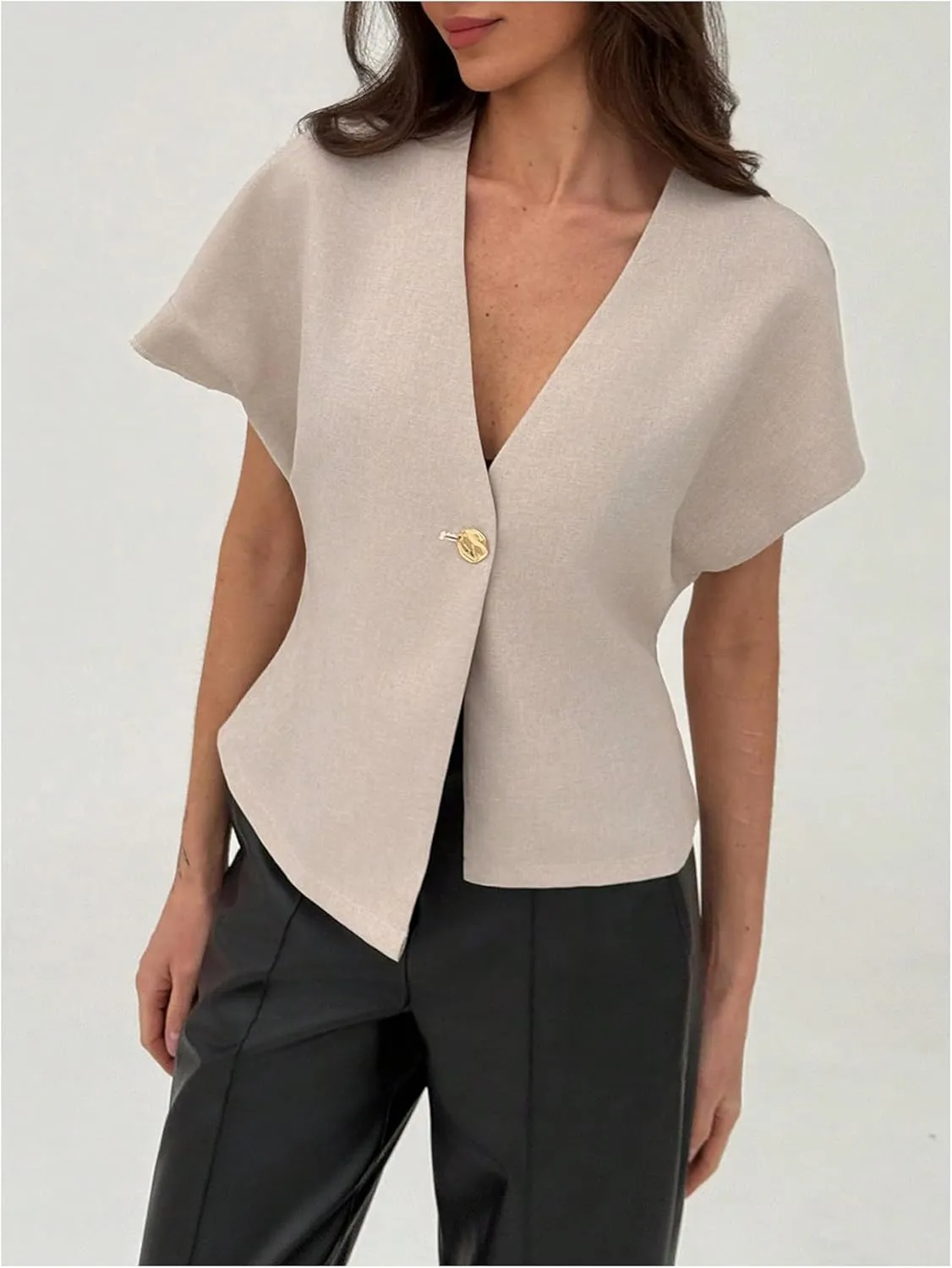 Verdusa Women's Dolman Short Sleeve Blazer V Neck Button Front Work Business Jackets