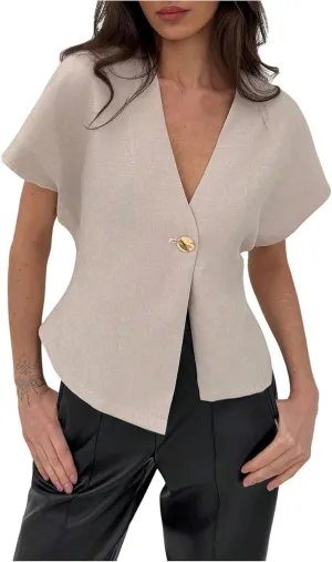 Verdusa Women's Dolman Short Sleeve Blazer V Neck Button Front Work Business Jackets