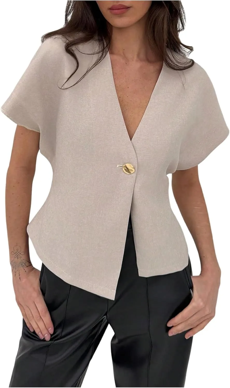 Verdusa Women's Dolman Short Sleeve Blazer V Neck Button Front Work Business Jackets