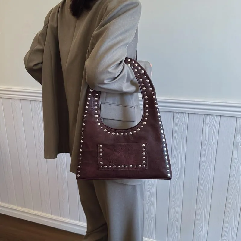 Vintage Riveted Shoulder Bag Vintage Tote Bag Studded Purses for Women Y2K Purse Stylish Hobo Bag Work Bag 2025