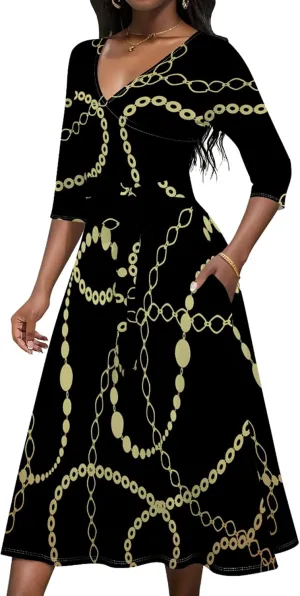 Wedding Guest Dresses for Women Casual 3/4 Sleeve V Neck Wrap Belt Trendy with Pockets A-Line Elegant Cocktail Party Dress