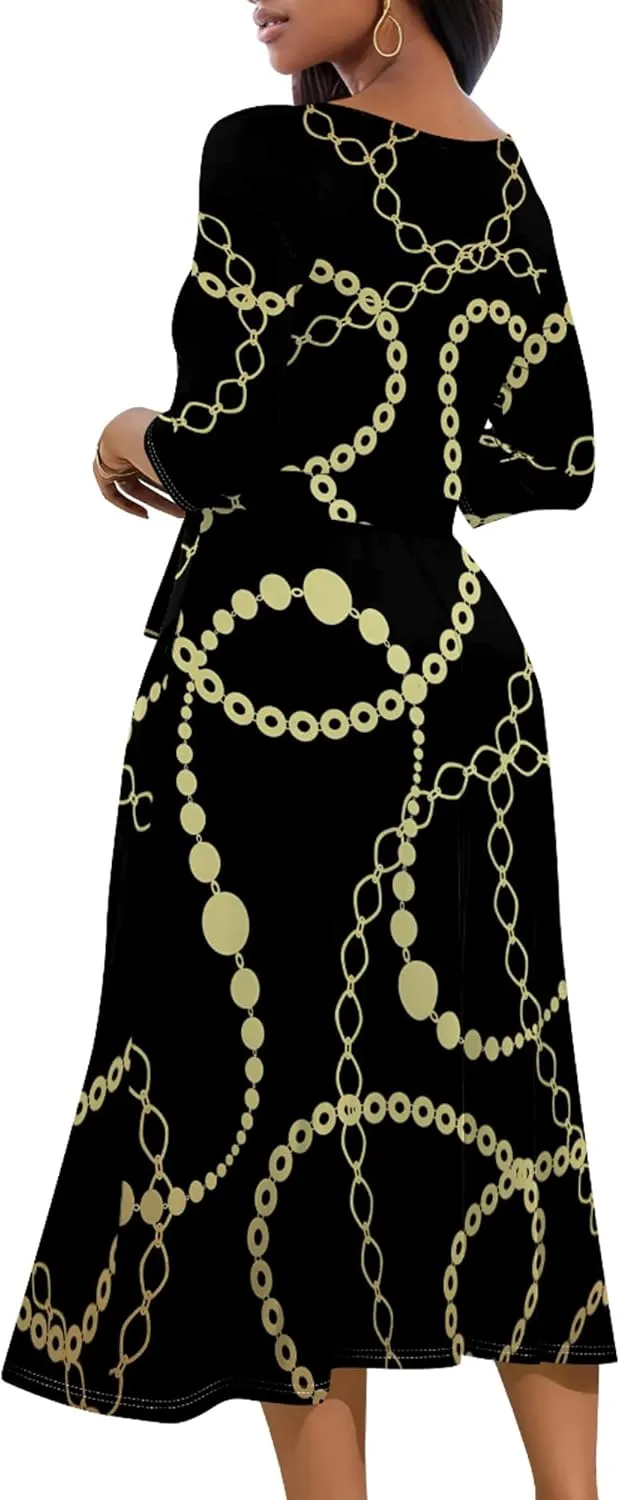 Wedding Guest Dresses for Women Casual 3/4 Sleeve V Neck Wrap Belt Trendy with Pockets A-Line Elegant Cocktail Party Dress