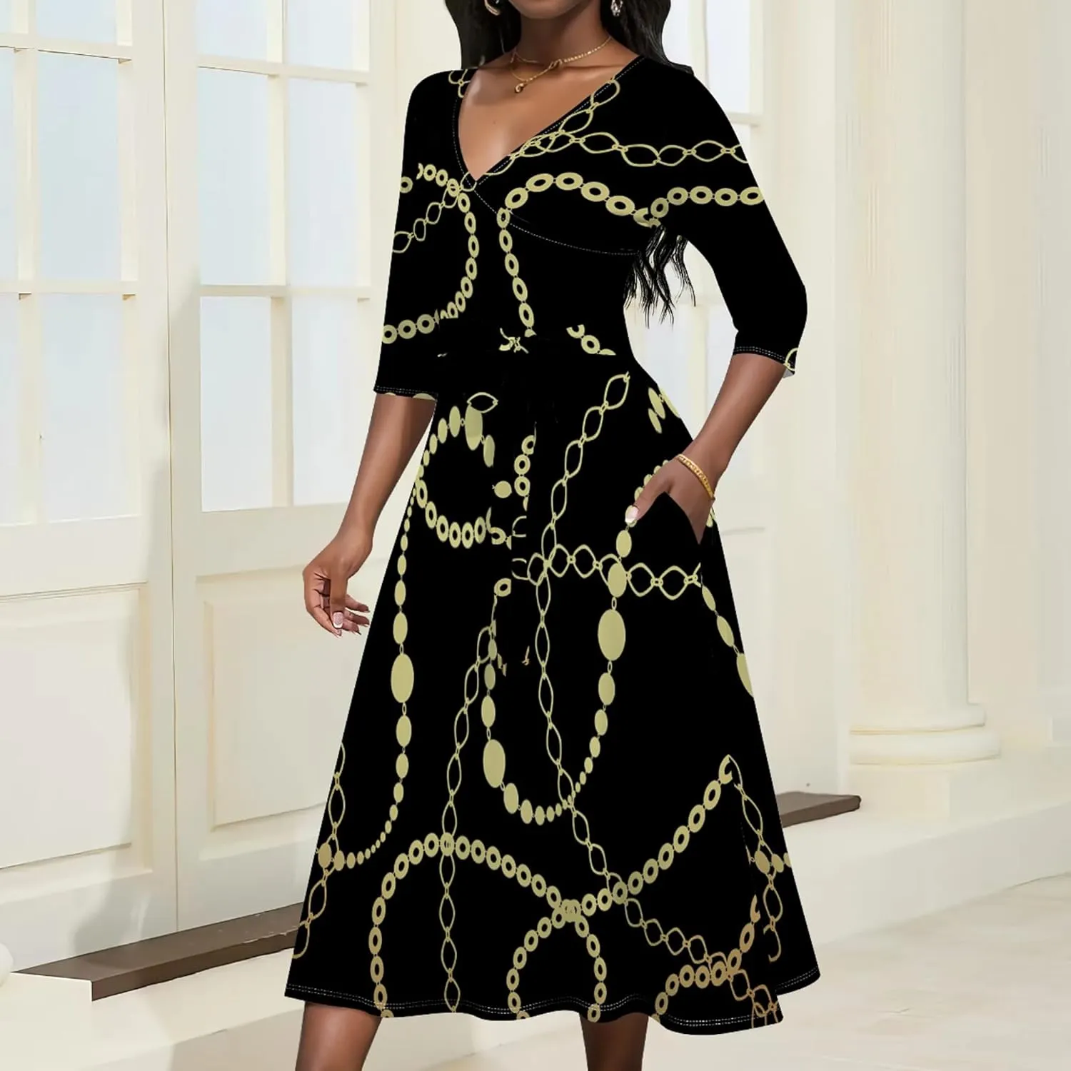 Wedding Guest Dresses for Women Casual 3/4 Sleeve V Neck Wrap Belt Trendy with Pockets A-Line Elegant Cocktail Party Dress