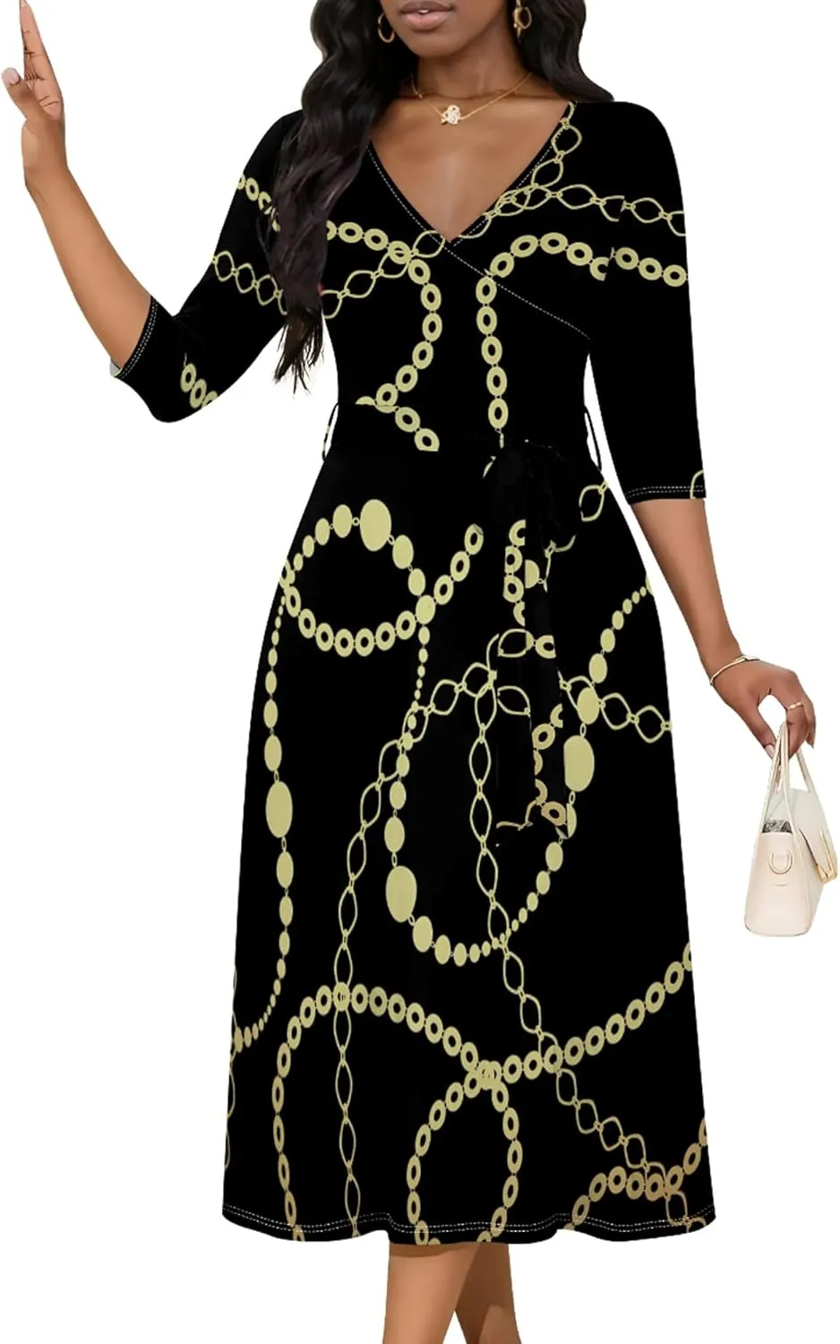 Wedding Guest Dresses for Women Casual 3/4 Sleeve V Neck Wrap Belt Trendy with Pockets A-Line Elegant Cocktail Party Dress