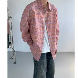 Wiaofellas  -  Autumn Long Sleeved Shirt Men Fashion Color Plaid Shirt Men Streetwear Korean Loose Casual Shirt Mens Oversized Vintage Shirts