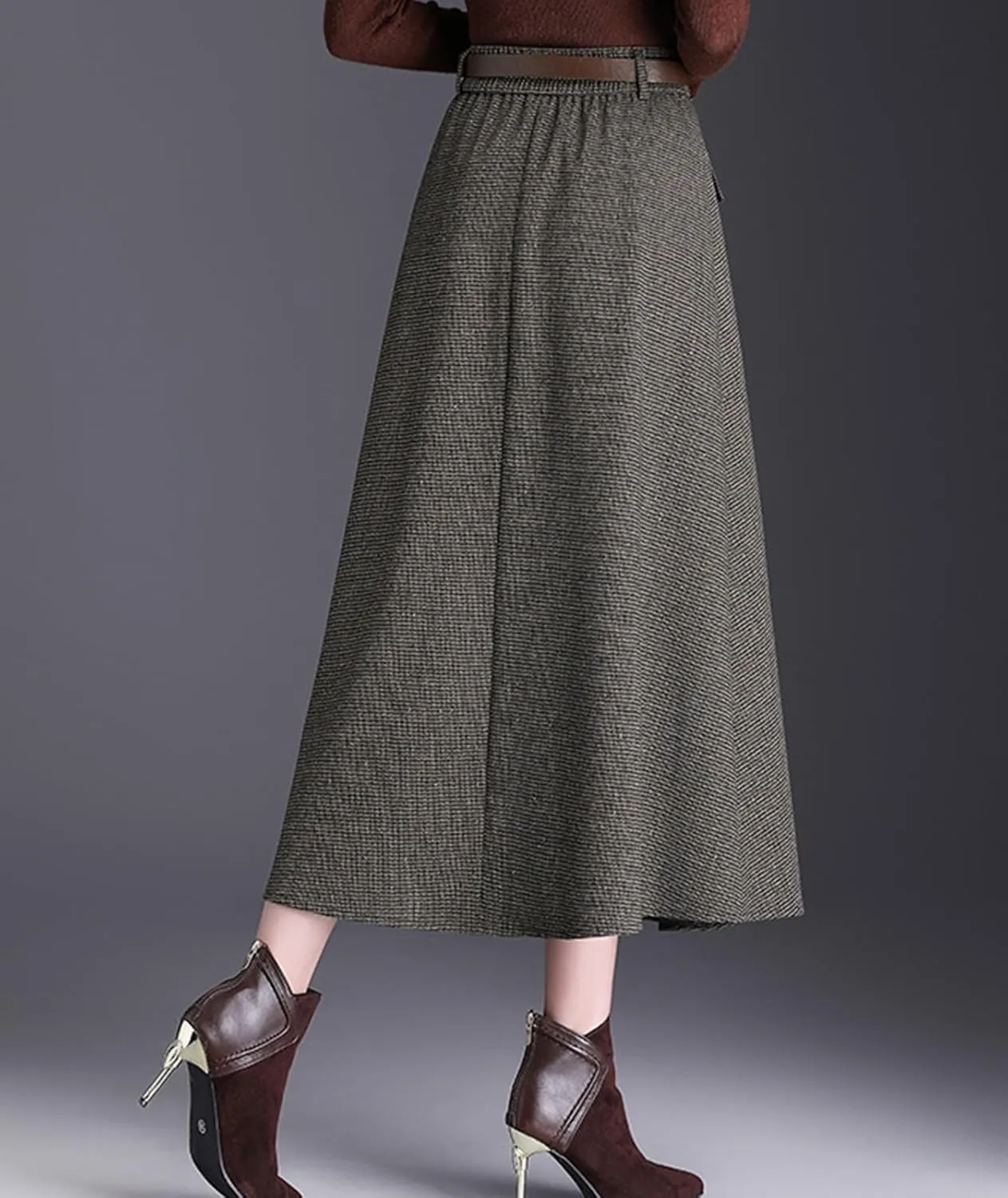 Winter Wool Skirts for Women Elastic High Waist A-Line Pleated Midi Skirt for Fall Winter