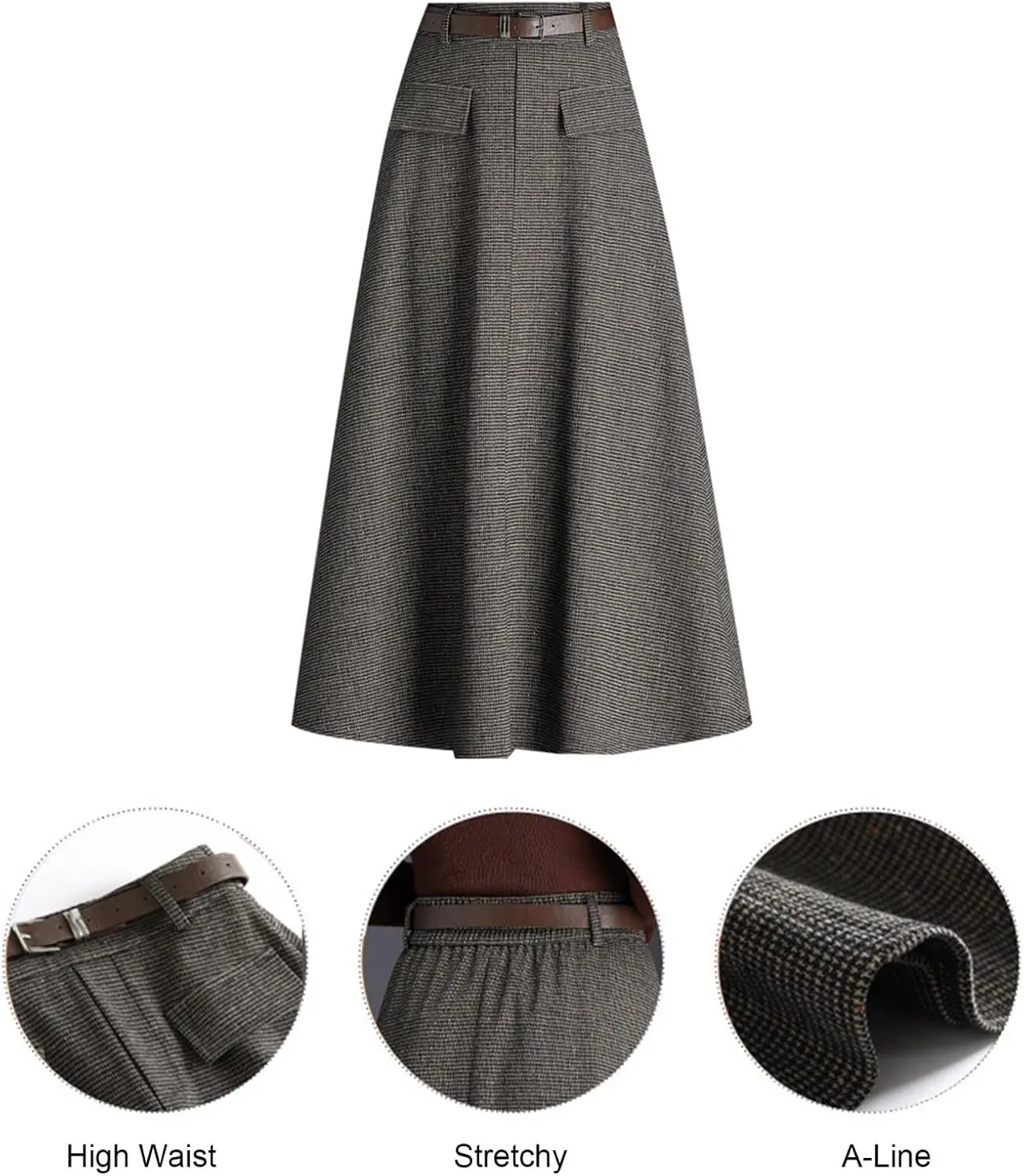 Winter Wool Skirts for Women Elastic High Waist A-Line Pleated Midi Skirt for Fall Winter