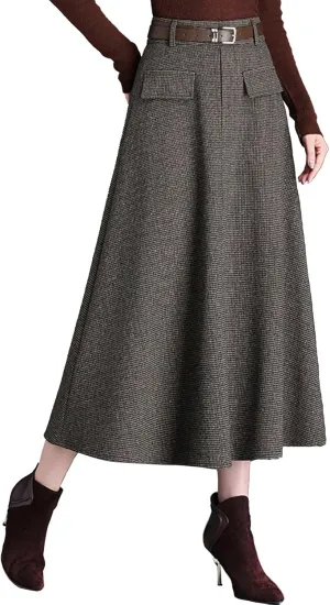 Winter Wool Skirts for Women Elastic High Waist A-Line Pleated Midi Skirt for Fall Winter