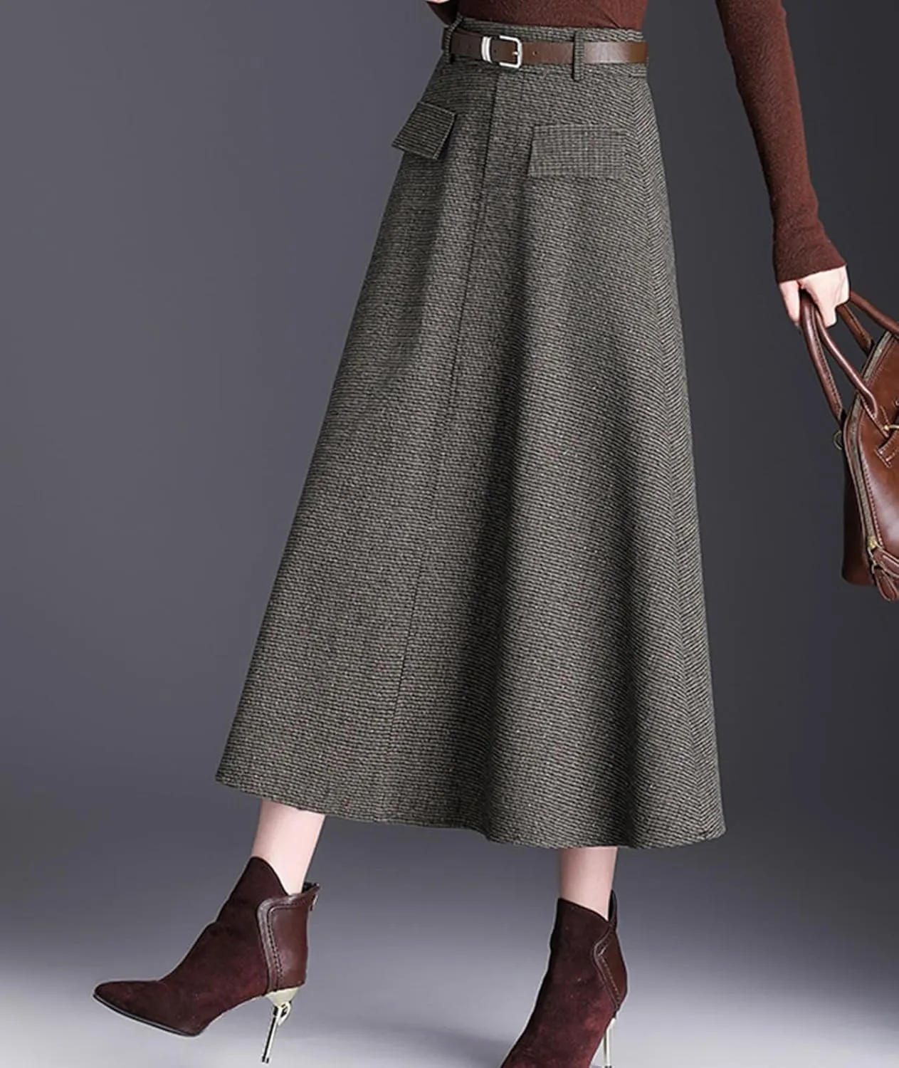 Winter Wool Skirts for Women Elastic High Waist A-Line Pleated Midi Skirt for Fall Winter
