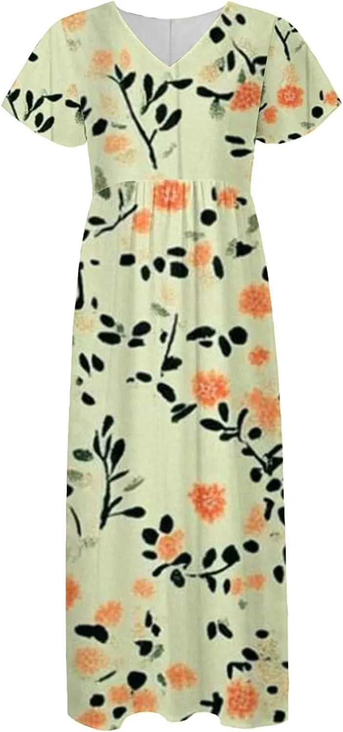 Women A Line Maxi Dresses Casual Swing Flowy Ruffle Hem Short Slevee Chiffon Skirt Summer Boho Beach Vacation