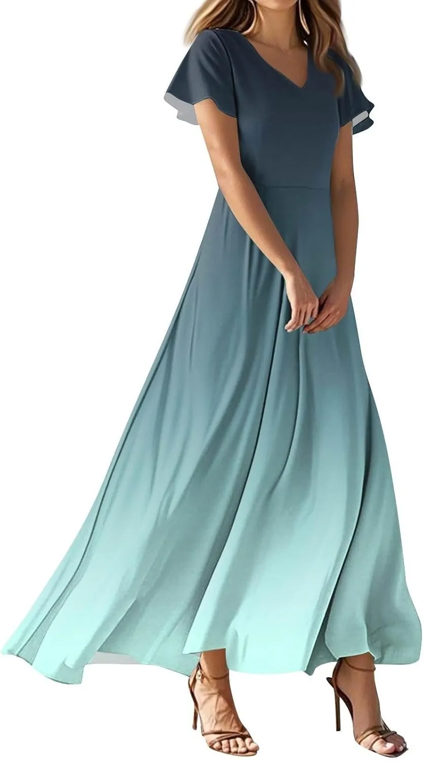 Women A Line Maxi Dresses Casual Swing Flowy Ruffle Hem Short Slevee Chiffon Skirt Summer Boho Beach Vacation