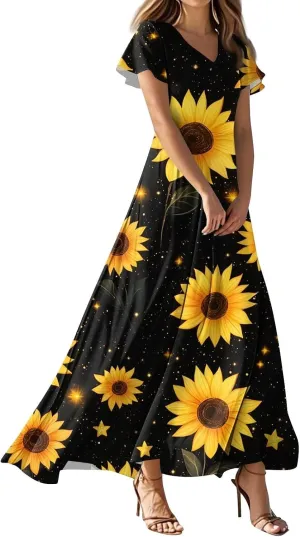 Women A Line Maxi Dresses Casual Swing Flowy Ruffle Hem Short Slevee Chiffon Skirt Summer Boho Beach Vacation