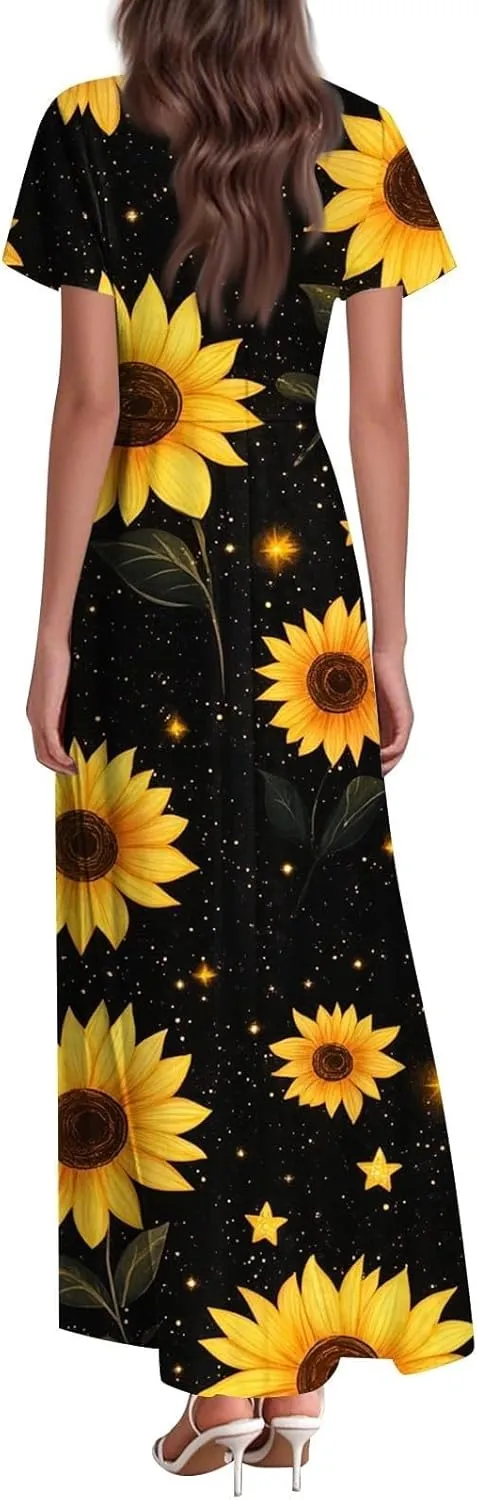 Women A Line Maxi Dresses Casual Swing Flowy Ruffle Hem Short Slevee Chiffon Skirt Summer Boho Beach Vacation
