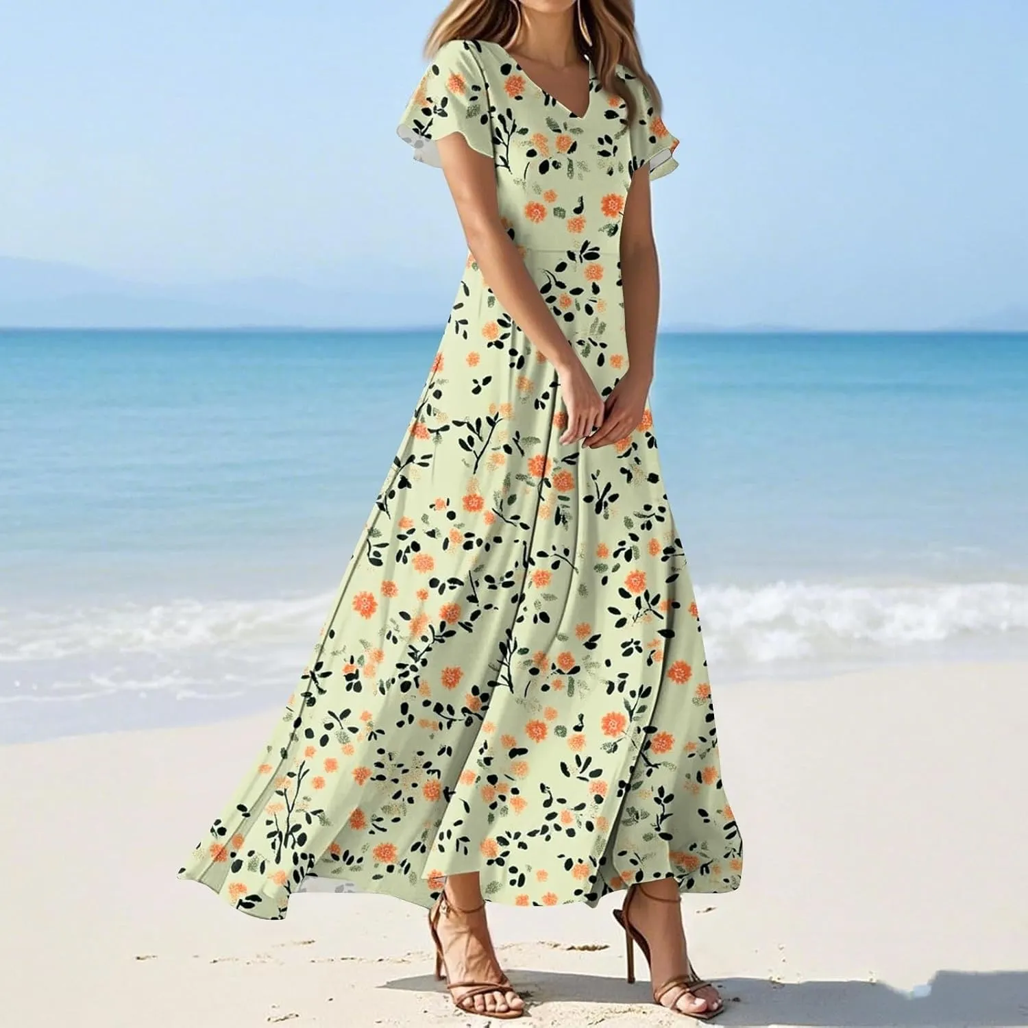 Women A Line Maxi Dresses Casual Swing Flowy Ruffle Hem Short Slevee Chiffon Skirt Summer Boho Beach Vacation