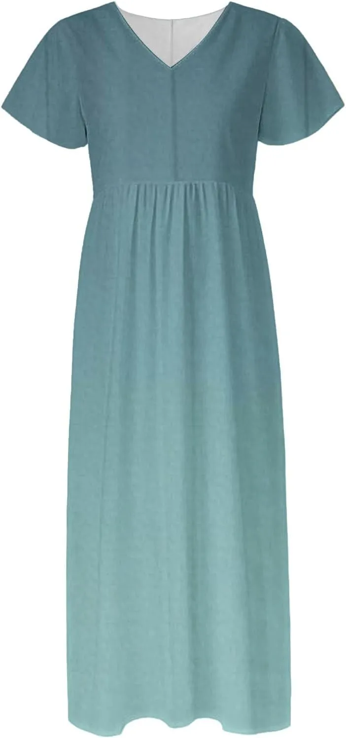 Women A Line Maxi Dresses Casual Swing Flowy Ruffle Hem Short Slevee Chiffon Skirt Summer Boho Beach Vacation