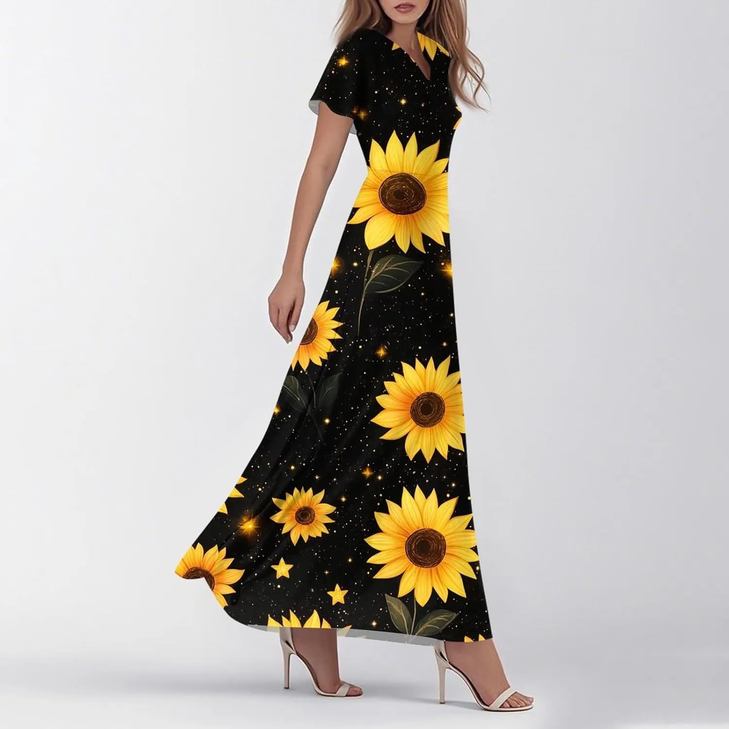 Women A Line Maxi Dresses Casual Swing Flowy Ruffle Hem Short Slevee Chiffon Skirt Summer Boho Beach Vacation