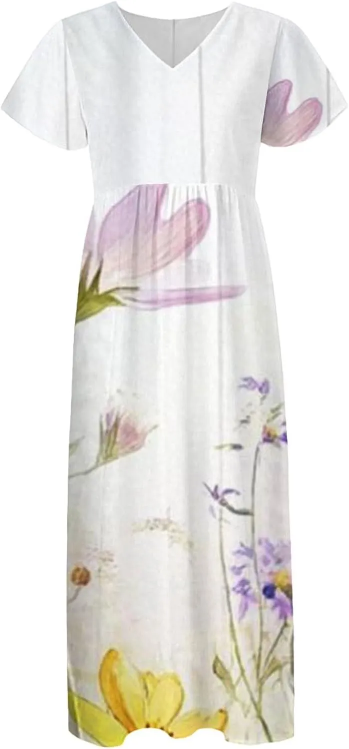 Women A Line Maxi Dresses Casual Swing Flowy Ruffle Hem Short Slevee Chiffon Skirt Summer Boho Beach Vacation
