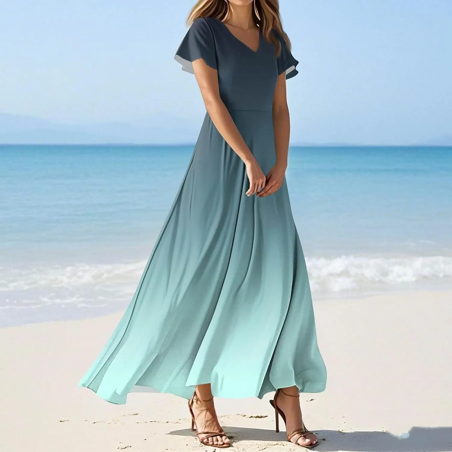 Women A Line Maxi Dresses Casual Swing Flowy Ruffle Hem Short Slevee Chiffon Skirt Summer Boho Beach Vacation