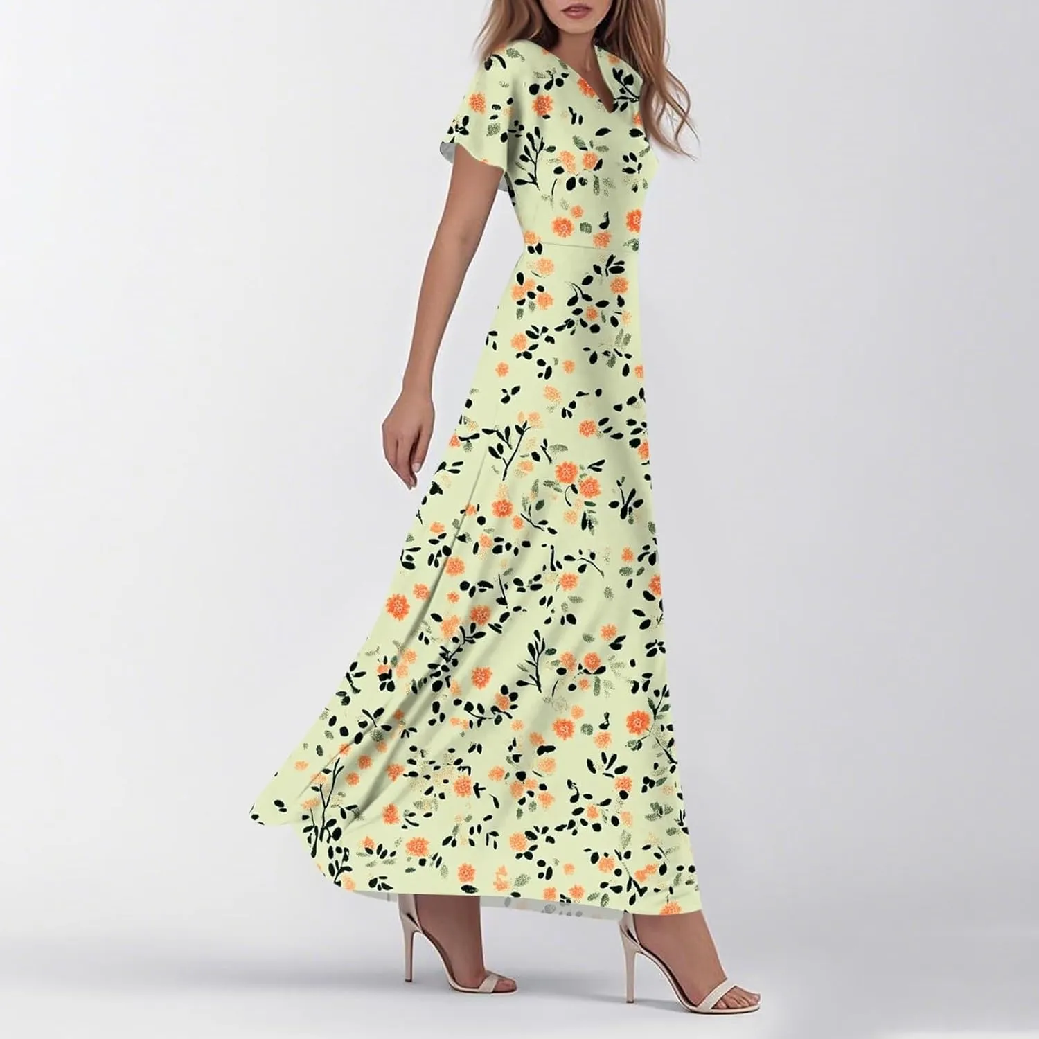 Women A Line Maxi Dresses Casual Swing Flowy Ruffle Hem Short Slevee Chiffon Skirt Summer Boho Beach Vacation