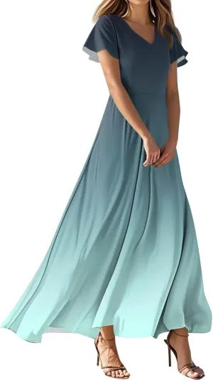 Women A Line Maxi Dresses Casual Swing Flowy Ruffle Hem Short Slevee Chiffon Skirt Summer Boho Beach Vacation