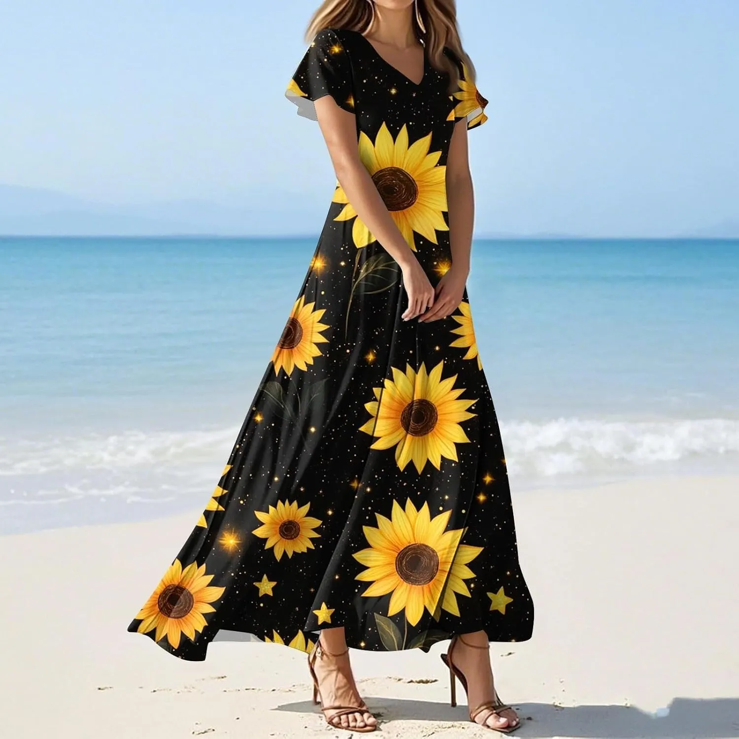 Women A Line Maxi Dresses Casual Swing Flowy Ruffle Hem Short Slevee Chiffon Skirt Summer Boho Beach Vacation