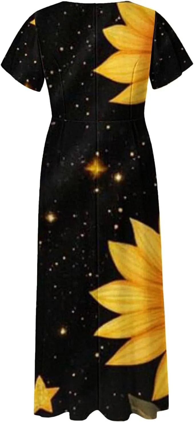 Women A Line Maxi Dresses Casual Swing Flowy Ruffle Hem Short Slevee Chiffon Skirt Summer Boho Beach Vacation