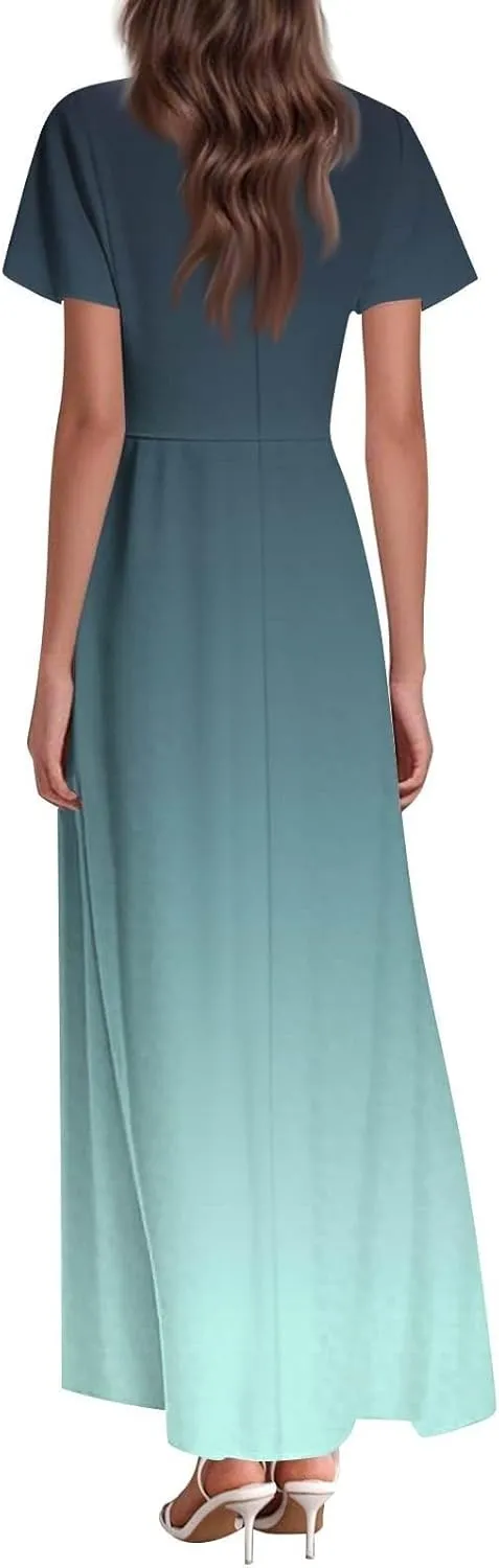 Women A Line Maxi Dresses Casual Swing Flowy Ruffle Hem Short Slevee Chiffon Skirt Summer Boho Beach Vacation