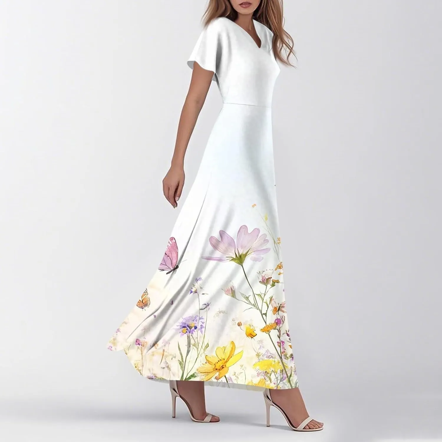 Women A Line Maxi Dresses Casual Swing Flowy Ruffle Hem Short Slevee Chiffon Skirt Summer Boho Beach Vacation