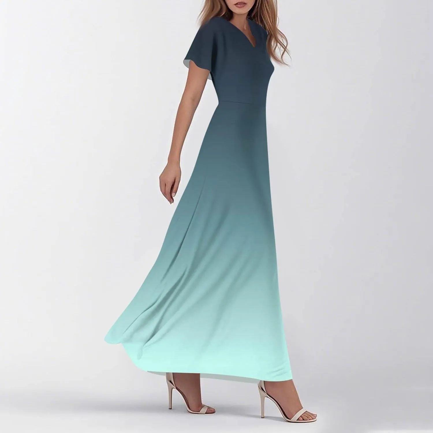 Women A Line Maxi Dresses Casual Swing Flowy Ruffle Hem Short Slevee Chiffon Skirt Summer Boho Beach Vacation