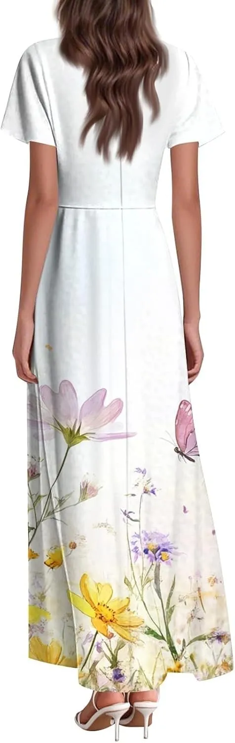 Women A Line Maxi Dresses Casual Swing Flowy Ruffle Hem Short Slevee Chiffon Skirt Summer Boho Beach Vacation
