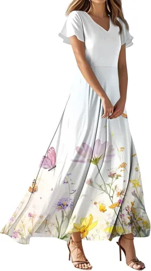 Women A Line Maxi Dresses Casual Swing Flowy Ruffle Hem Short Slevee Chiffon Skirt Summer Boho Beach Vacation