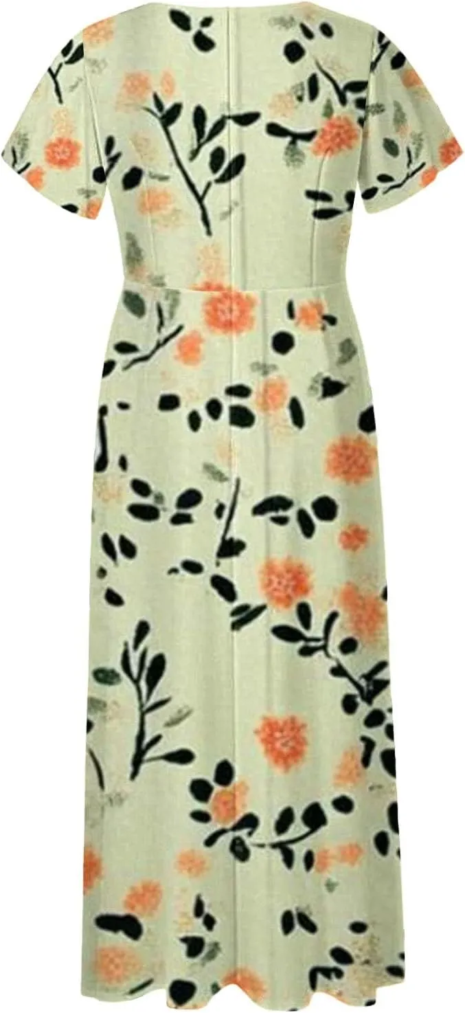 Women A Line Maxi Dresses Casual Swing Flowy Ruffle Hem Short Slevee Chiffon Skirt Summer Boho Beach Vacation