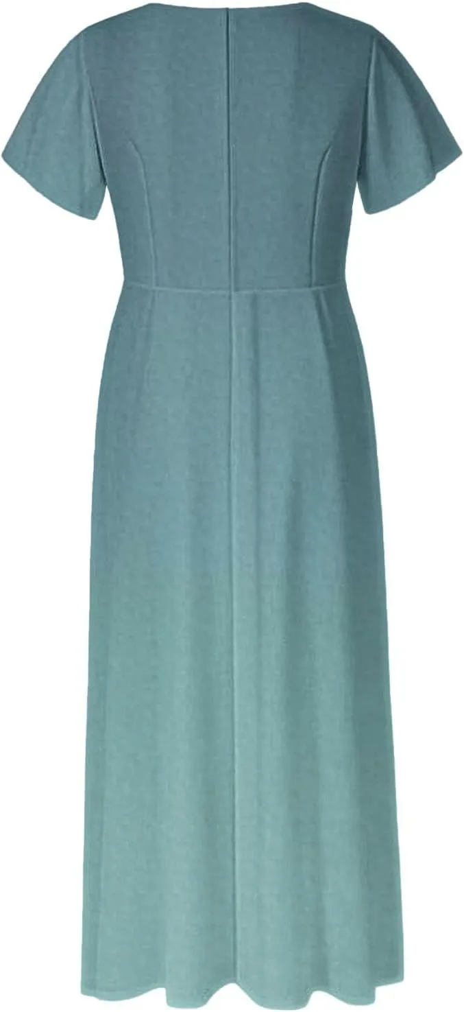 Women A Line Maxi Dresses Casual Swing Flowy Ruffle Hem Short Slevee Chiffon Skirt Summer Boho Beach Vacation