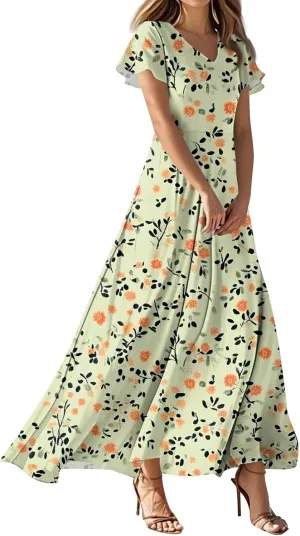 Women A Line Maxi Dresses Casual Swing Flowy Ruffle Hem Short Slevee Chiffon Skirt Summer Boho Beach Vacation
