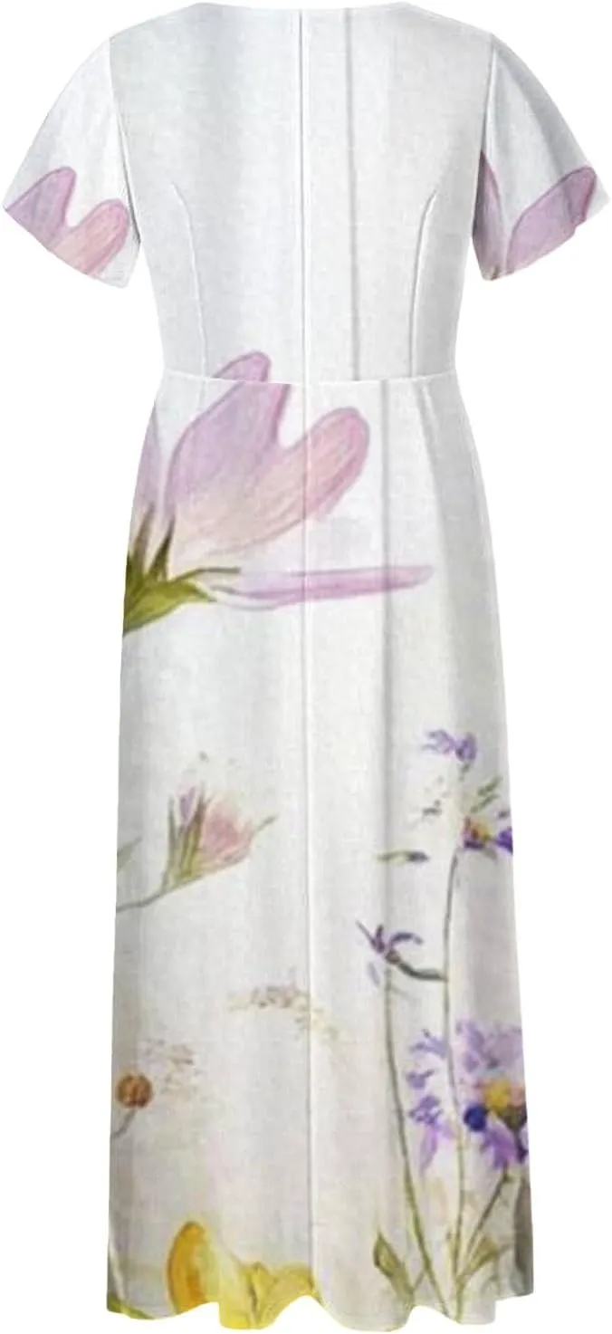 Women A Line Maxi Dresses Casual Swing Flowy Ruffle Hem Short Slevee Chiffon Skirt Summer Boho Beach Vacation