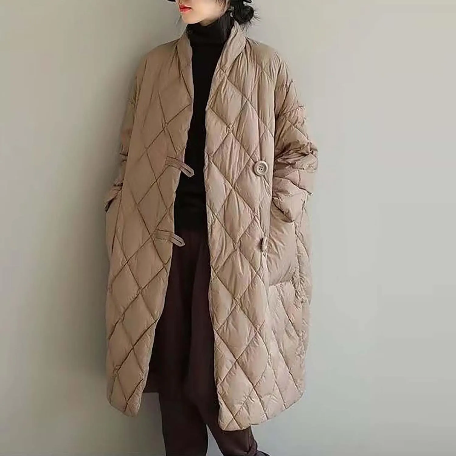 Women Long Baggy Winter Puffer Coat Collarless Cotton-Padded Jacket Button Long Sleeve Warm Quilted Outerwear Pockets