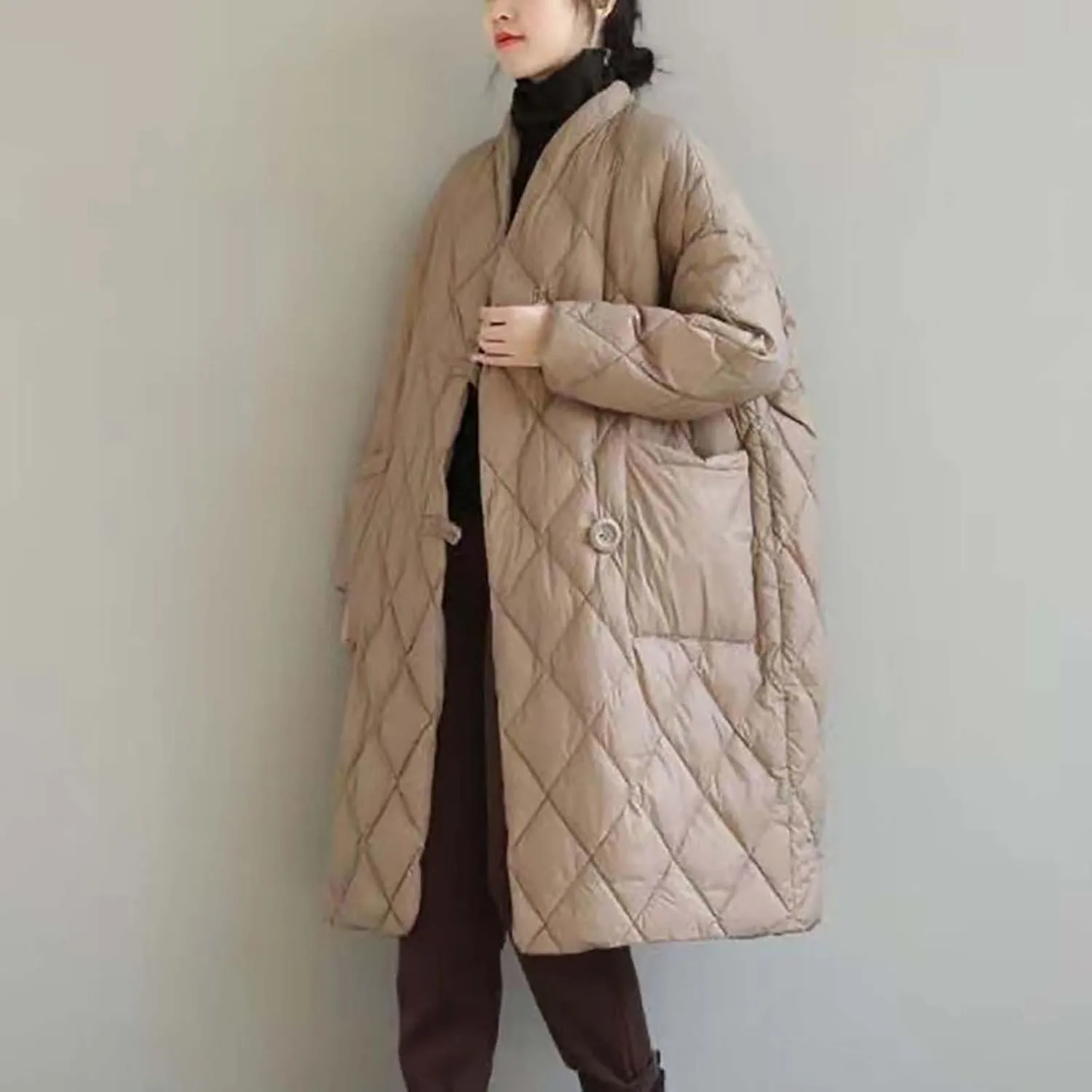 Women Long Baggy Winter Puffer Coat Collarless Cotton-Padded Jacket Button Long Sleeve Warm Quilted Outerwear Pockets
