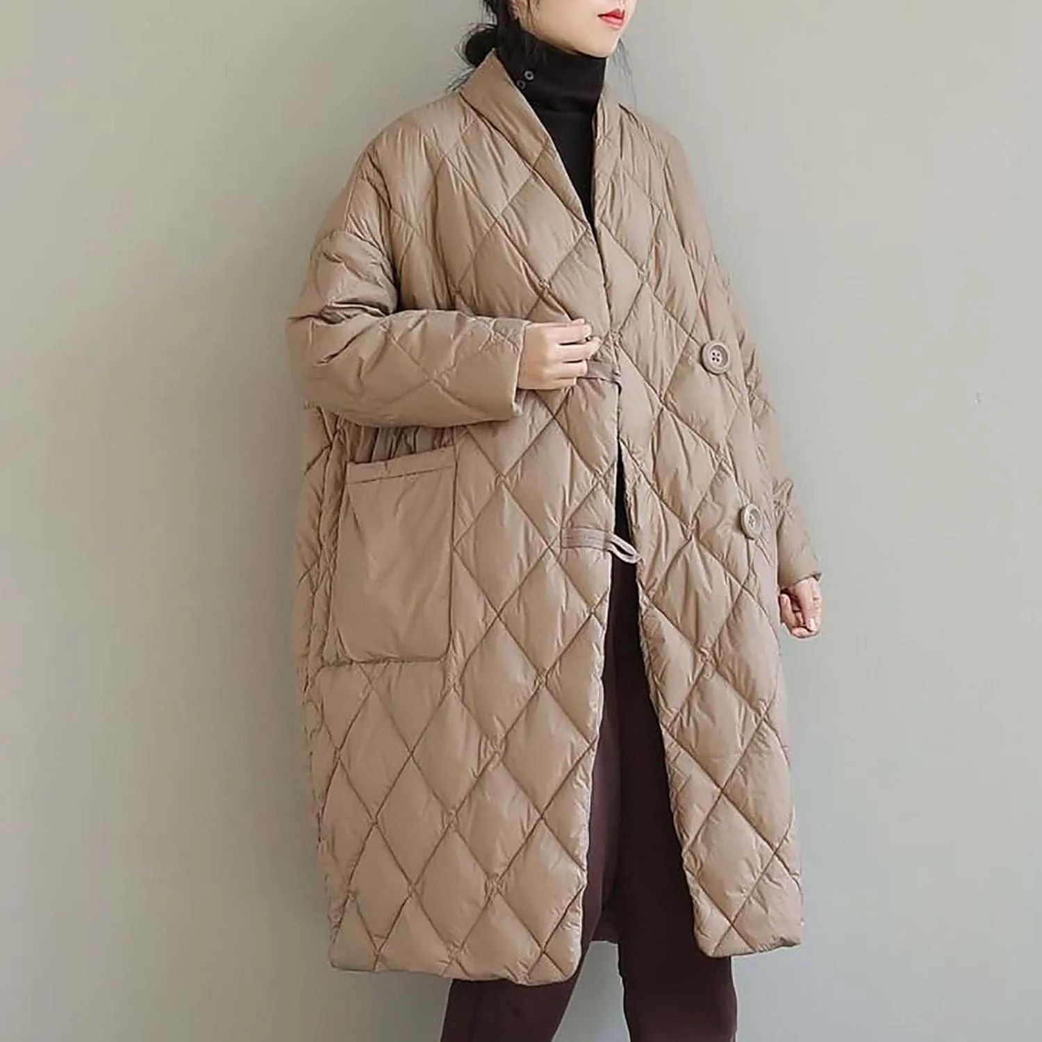 Women Long Baggy Winter Puffer Coat Collarless Cotton-Padded Jacket Button Long Sleeve Warm Quilted Outerwear Pockets