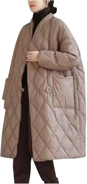 Women Long Baggy Winter Puffer Coat Collarless Cotton-Padded Jacket Button Long Sleeve Warm Quilted Outerwear Pockets