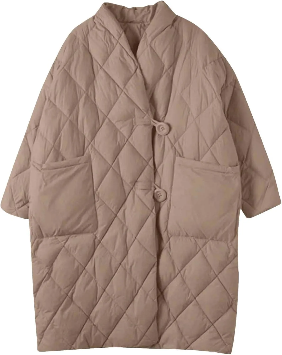Women Long Baggy Winter Puffer Coat Collarless Cotton-Padded Jacket Button Long Sleeve Warm Quilted Outerwear Pockets