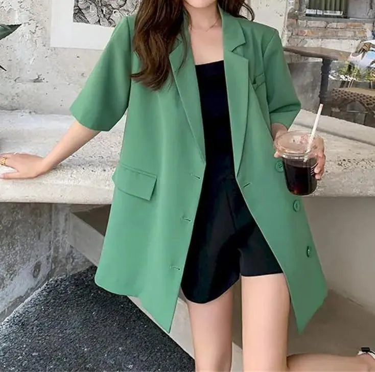 Women Oversized Mid-Length Short Sleeve Blazer Loose Thin Casual Design Suit Coat