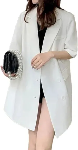Women Oversized Mid-Length Short Sleeve Blazer Loose Thin Casual Design Suit Coat