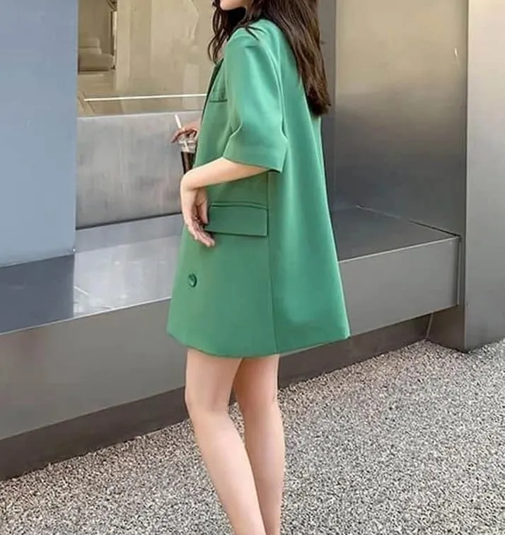 Women Oversized Mid-Length Short Sleeve Blazer Loose Thin Casual Design Suit Coat